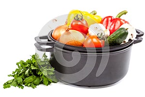 Metal pots and pans with vegetables.