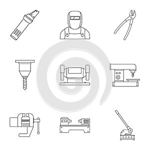 Metal processing equipment icon set, outline style