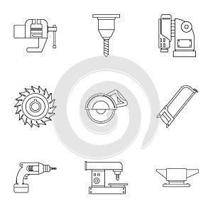 Metal processing tool icon set, outline style