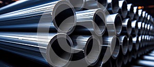 Metal profile pipes of different diameters are located in the warehouse