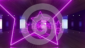 Metal, purple and blue tunnel with neon shape of star. Technology, future and fashion concept with ultraviolet light