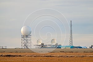 Metal radar and satellite dishes at the airport in Deadhorse, Prudhoe Bay, Alaska