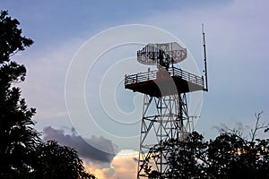 Metal radar tower in airport area