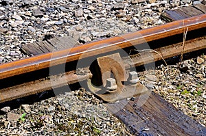 Metal rail on wooden sleeper.
