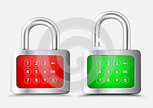 Metal rectangular Padlock with a red and green display with a nu