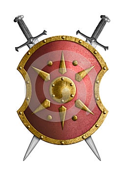 Metal red shield with golden star and crossed swords isolated 3d illustration