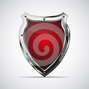 Metal red shield with shadow on a gray background. Vector illustration