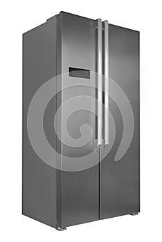 Metal refrigerator isolated on white background