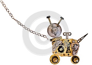 Metal robot dog on a metal chain.