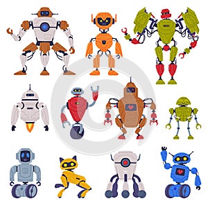 Metal Robot Machine with Limbs for Labor Automation Vector Set