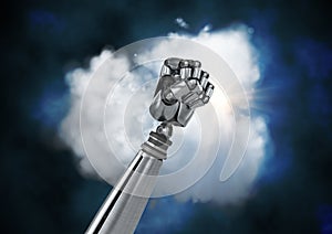 Metal robotic fist against cloud