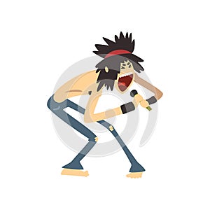 Metal or rock singer with crazy hair singing into microphone. Cartoon character of guy in ripped skinny jeans. Young