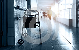 Metal rollator parked in hallway