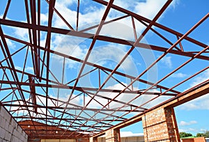 Metal Roof Frame House Construction. Metal roof-trusses.