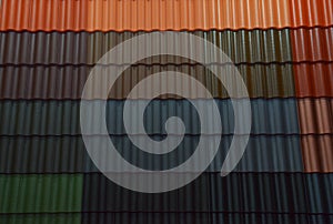 Metal roof tiles, roofing profile sheets, corrugated lightweight metal tiles of different colors display