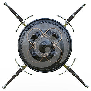 Metal round shield with decorative designs flanked by swords.
