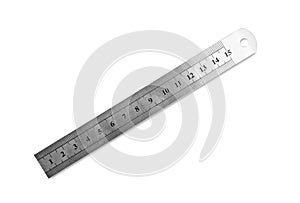 Metal ruler with measuring length markings in centimeters isolated on white, top view