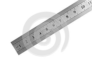Metal ruler with measuring length markings in centimeters isolated on white, top view