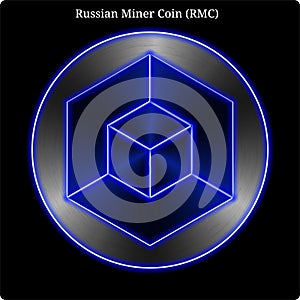 Metal Russian Miner Coin RMC coin witn blue neon glow.