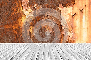 Metal rust wall texture surface with Wood terrace and world map