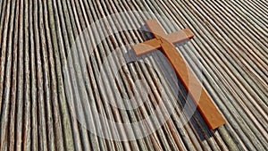 Metal rusted cross on a natural wood or wooden logg background. 3d illustration metaphor for God, Christ