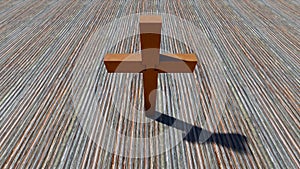 Metal rusted cross on a natural wood or wooden logg background. 3d illustration metaphor for God, Christ photo