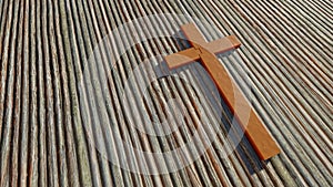 Metal rusted cross on a natural wood or wooden logg background. 3d illustration metaphor for God, Christ photo