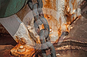 Metal rusty chain. Part of ship equipment