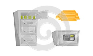 Metal Safe Deposit Box or Vault for Money Storage and Bars of Gold Vector Set