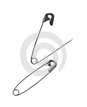 Metal safety pins on white background, top view