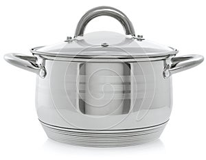 Metal saucepan with closed lid. Ð an isolated on white background
