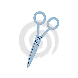 Metal scissors icon. Pair of paper shears. Cutting tool with round holes and blades. Flat vector illustration of