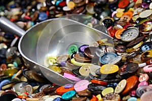 Metal scoop sitting on a pile of buttons