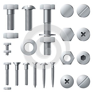 Metal screws. Bolt nut rivet head steel construction elements. Realistic bolts isolated vector set