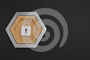 metal security door lock icon in wooden frame