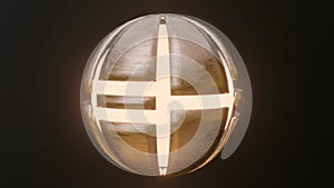 Metal segmented cut sphere with glowing middle on black background. 3d render