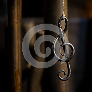 A metal sheet music key hangs in a rope in a blacksmith`s workshop