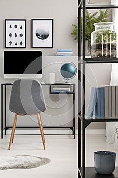 Metal shelf with books and plant in contemporary home office with grey chair at industrial desk with computer, posters on grey