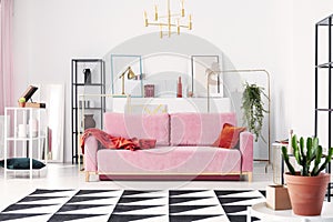 Metal shelves and abstract paintings behind powder pink couch in elegant white living room