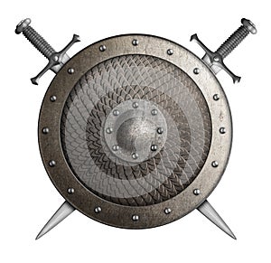 Metal shield covered by scales with crossed swords isolated 3d illustration