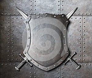 Metal shield and two crossed swords coat of arms