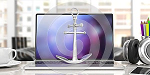Metal shiny ship anchor on computer keyboard, blur office business background. 3d illustration
