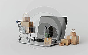 A metal shopping cart filled with cardboard packages is positioned on a laptop, representing the integration of e