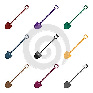 A metal shovel with a plastic handle for working in the garden with the ground.Farm and gardening single icon in black