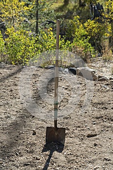 Metal Shovel Standing in Dirt, Fall Color in Background