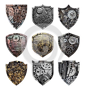 Metal sign shield cogs and gears background