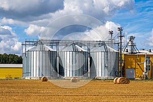 Metal silos on agro manufacturing plant for processing drying cleaning and storage of agricultural products, flour, cereals and