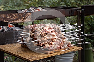 Metal skewers with pieces of marinated meat prepared for frying