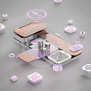 Metal smartphone with infographic elements, modern product concept. 3d rendering