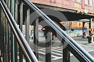 Metal smooth handrails at the subway entrance in Brooklyn